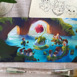 May include: An art print depicting a fantasy landscape with a red flower at the centre, surrounded by small islands with houses. The scene is set in blue water with a stone archway. Signed by Holly Chiu.