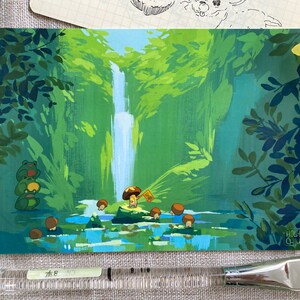 May include: A watercolour painting depicting a waterfall in a verdant forest. The waterfall tumbles down a rocky cliff face, with several small mushrooms growing on the rocks below. The painting is signed "Holly Chiu" in the bottom right corner.