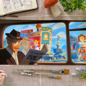 May include: A man in a brown fedora and suit jacket reads a newspaper with the headline "London Del Press" and the subheading "Holmes Sol Baskerville". The newspaper is open to reveal a vintage illustration of a man in a top hat and a dog. The background is a busy city street with colourful signs and a red double-decker bus.