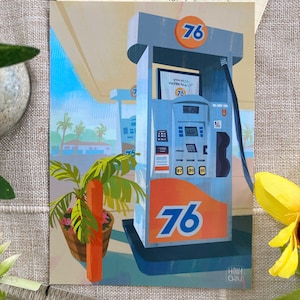May include: A vintage-style illustration of a petrol station pump with the number 76 on it. The pump is painted in shades of blue, orange, and white. The pump is set against a background of a blue sky and palm trees.