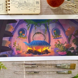 May include: A vibrant illustration depicting a cosy interior with a blue teapot over a fire. The artwork features a warm colour palette, with details like flowers, teacups, and a sketch in the background. The overall theme is a charming, inviting space.