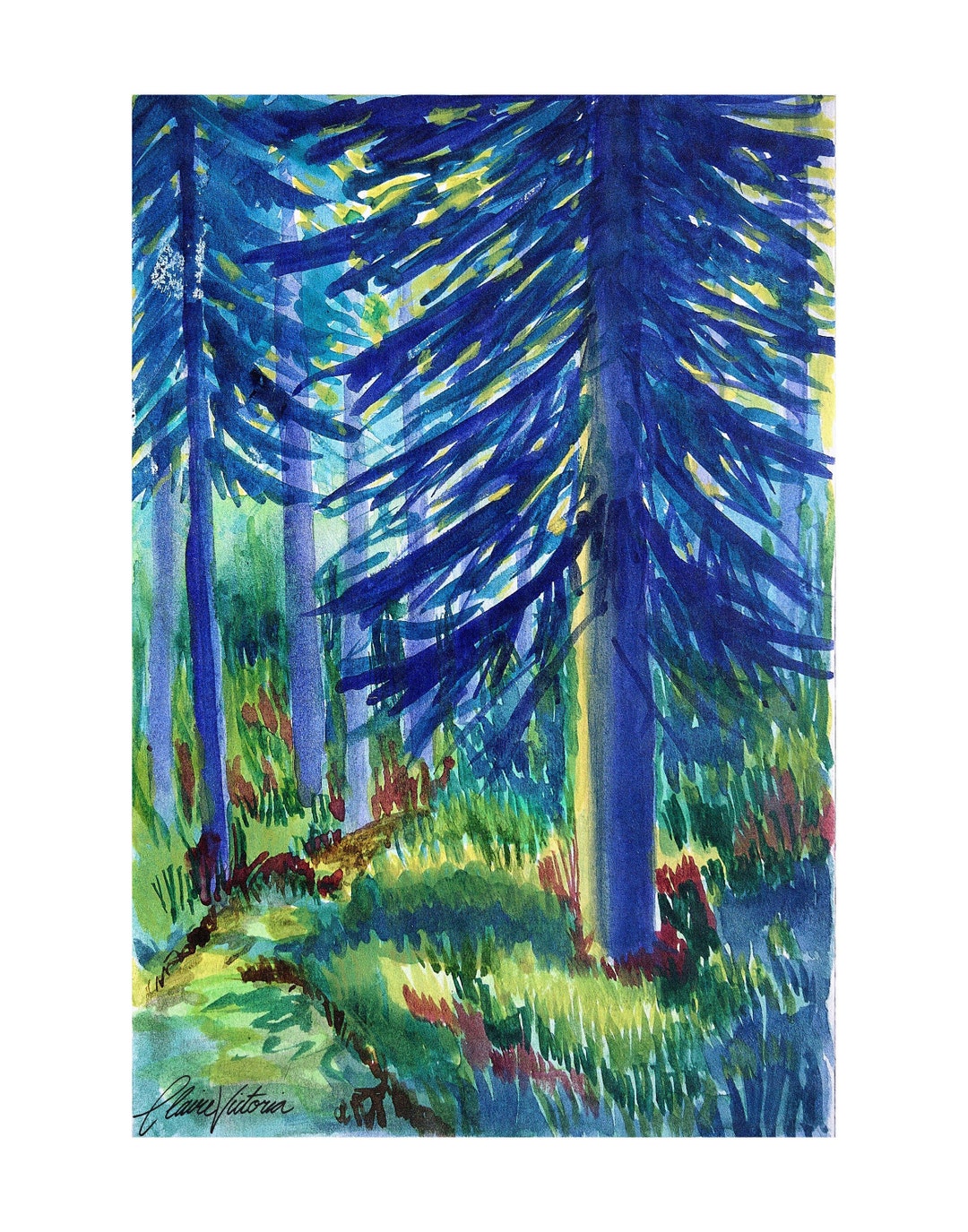 Blue Trees Watercolor Fine Art Print, Blue Landscape Art, Forest Wall