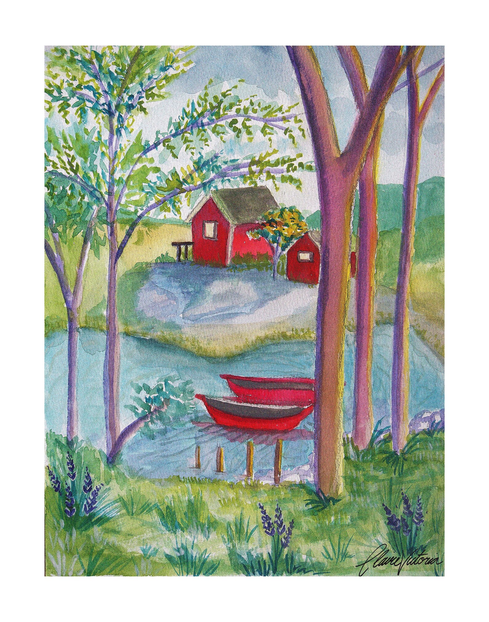 Red Canoes Watercolor Landscape Art Print, Watercolor Fine Art Print ...