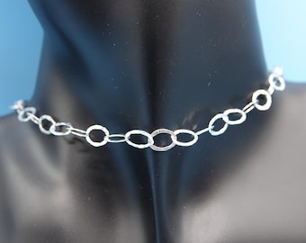 Hammered Chain Sterling Silver Necklace, Choker, Chain, Hammered Oval Trace Chain, Birthday Gift, Gift for Women