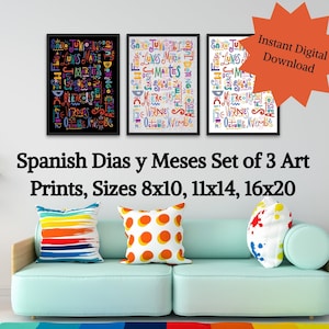 Spanish Days and Months Art Prints, Set of 3, Spanish Wall Art, Spanish Words, Spanish Art Print Colorful, Bright, Word Art, Spanish Phrases