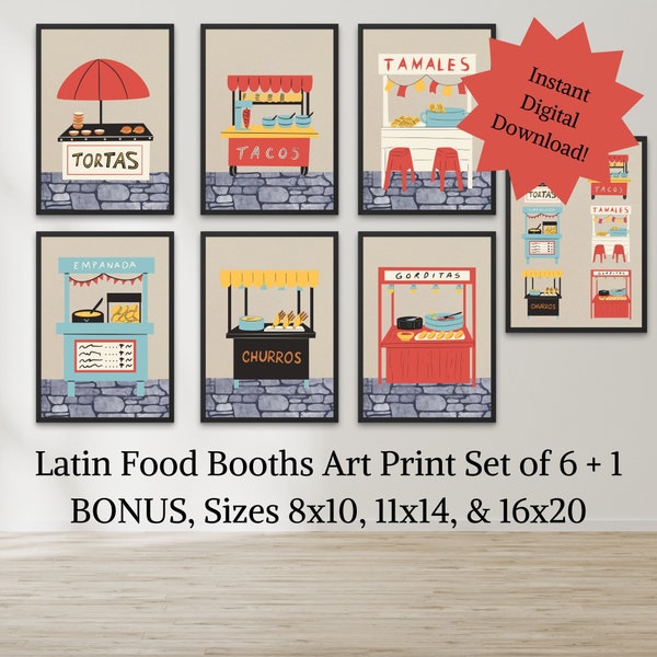 Latin Food Booth Art imprime ensemble de 6 ! Art mural de cuisine, impression d'art alimentaire, impressions d'art de cuisine, cuisine latine, tacos, tamales, et plus encore !