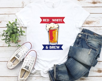 T-shirt rouge blanc et Brew 4 juillet | Chemise drapeau américain | Chemise Amérique | Chemise du Jour de l'Indépendance | Chemise du 4 juillet | Chemise de bière, t-shirt de bière