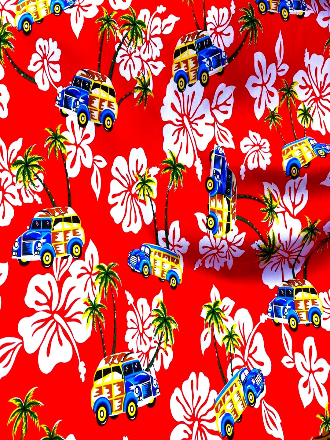 Retro Cars on Red Summer Breeze Hawaiian Print Poly Cotton 60 Wide