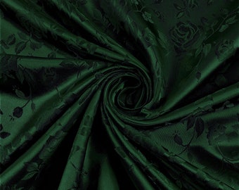 Hunter Green, 60&quot; Wide Polyester Rose Floral Brocade Jacquard Satin Fabric by The Yard