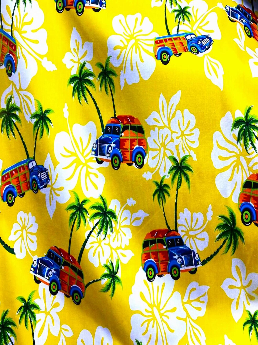 Retro Cars on Yellow Summer Breeze Hawaiian Print Poly Cotton 60 Wide