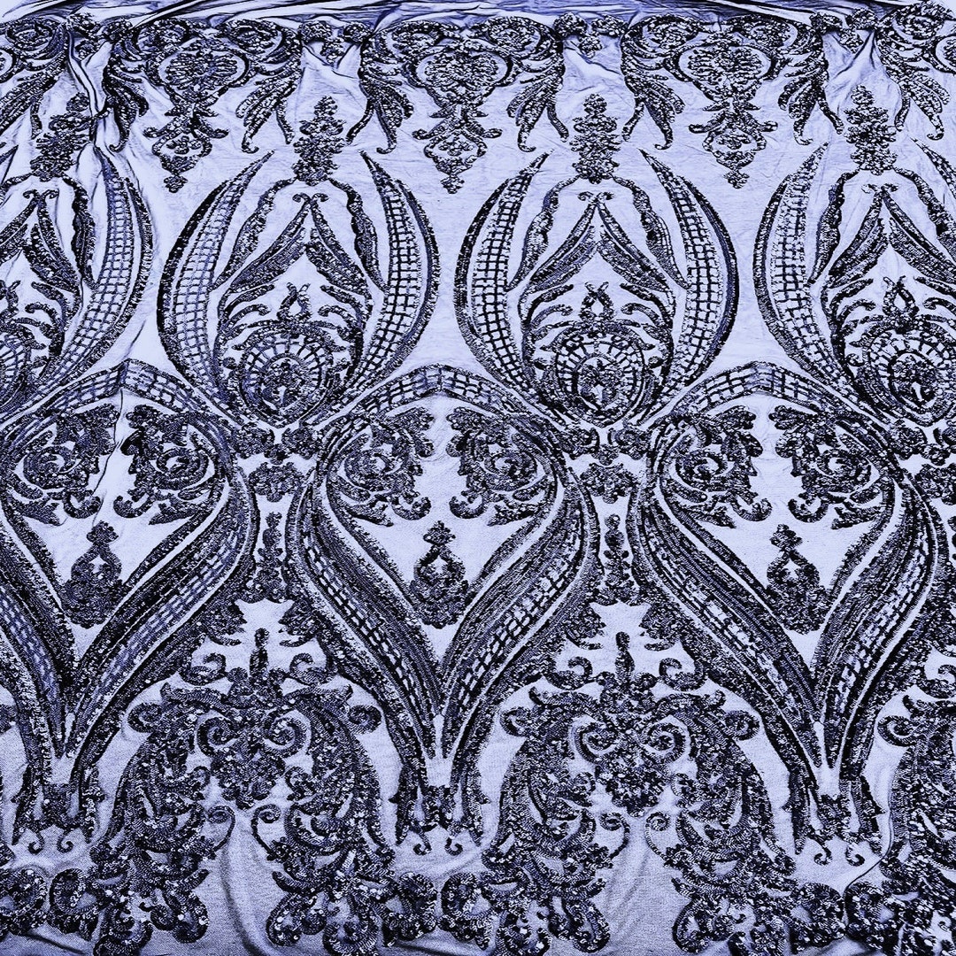 Empire Damask Design with Sequins Embroider On A 4 Way Stretch Mesh Fabric (1 Yard, Purple on Purple Mesh) main image 1