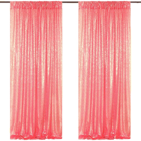 Coral Pink 2 Curtains Panels  Mini Glitz Sequins Backdrop Drape Curtain for Photo Booth Background, Party Decoration.