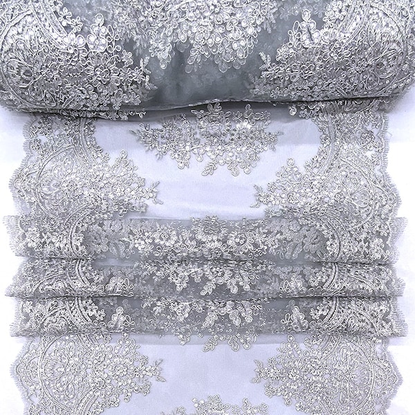 Silver, 14/15" wide Sequins Embroidered Lace on Mesh Fabric, Trim Lace, Table Runner