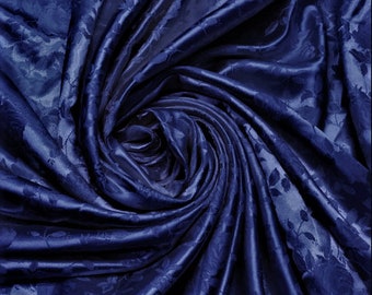 Navy Blue 58/60" Wide Polyester Rose Floral Brocade Jacquard Satin Fabric By The Yard