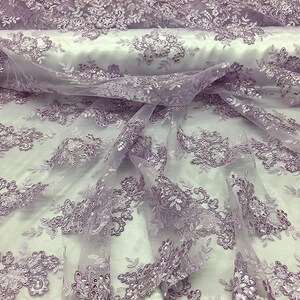 Lilac 51" Wide Prom/Wedding VT-Sequins Lace Fabric With Embroidery on Mesh Fabric By The Yard,