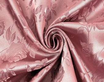 Dusty Rose 60&quot; Wide Polyester Rose Floral Brocade Jacquard Satin Fabric by The Yard