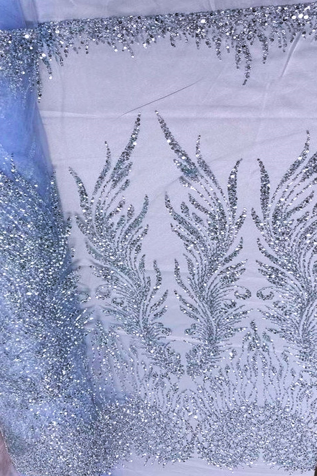 ANGEL WINGS SEQUIN DESIGN ON A 4 WAY STRETCH MESH-PROM-NIGHTGOWN-BY YARD. (ANGEL WINGS By the Yard BLACK-BLACK)