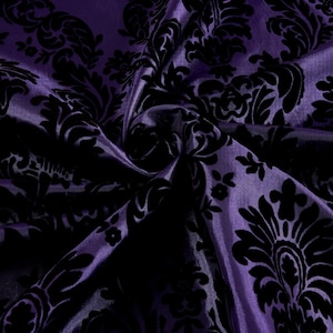 Black on Purple  58/60" Wide Velvet Flocking on Taffeta Fabric, Choose Yardage Below