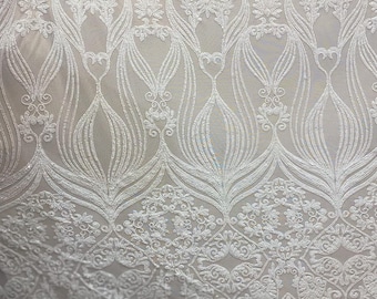 White on White  Mesh  51/54" Wide Damask Design Embroidered VT-16 Sequins on Mesh  Fabric, Choose Yardage Below.