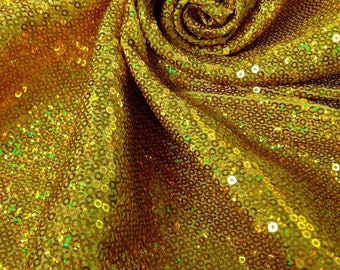 Gold 52" Wide 3mm Micro Mini Holographic Sequins on Stretch Polyester Spandex Fabric by The Yard