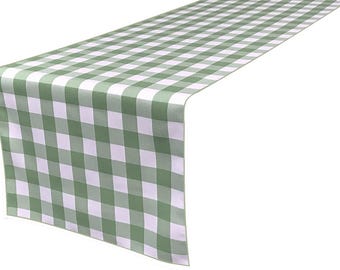 Sage Green & White, 12&quot; Wide by The Size of Your Choice, Polyester Poplin Gingham, Checkered, Plaid Table Runner