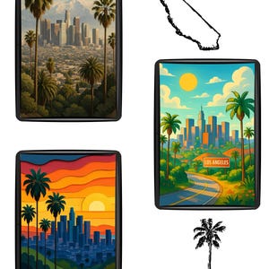 Los Angeles Wall Art Printable Set of 3 – Downtown LA Skyline in Realistic, Cartoon, and Paper Cut Style – Digital Download photo bundle