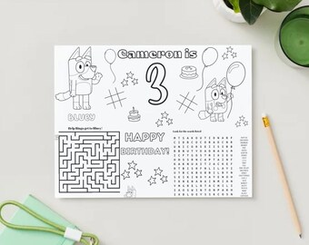 Bluey Birthday Activity Coloring Page – Kids Table Activity Placemat, Printable Party Game for Kids, Birthday Coloring Sheet.PDF
