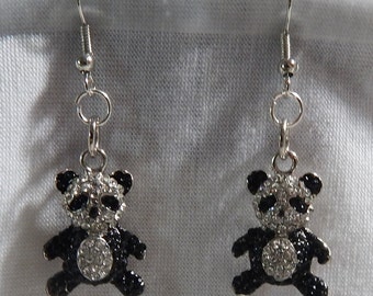 Boucles d'Oreilles Panda Noir et Argent