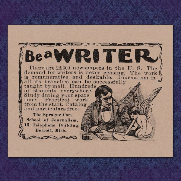 Be a Writer - Victorian Advertisement - 1800's print 8x10 New England author gift student journalism journalist newspaper angel ink quill