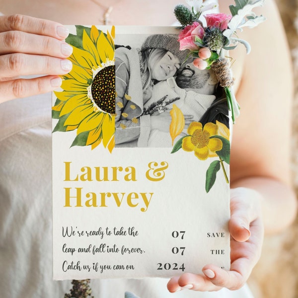 Sunflower Save-the-Date Custom Photo Wedding Invitation, Floral Wedding Invite, Personalized Save The Date, Joyful Save-the-Date Card