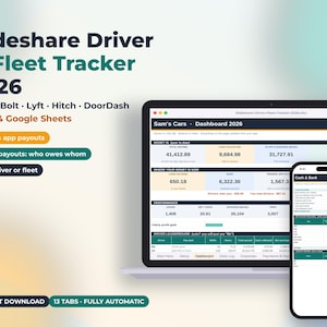 Könnte beinhalten: Eine digitale Rideshare Driver & Fleet Tracker 2026 Tabellenkalkulation für Excel und Google Sheets. Die Benutzeroberfläche zeigt Finanzdaten wie Gesamteinkommen, Bareinnahmen und Gewinn auf einem Laptop- und einem Smartphone-Bildschirm.