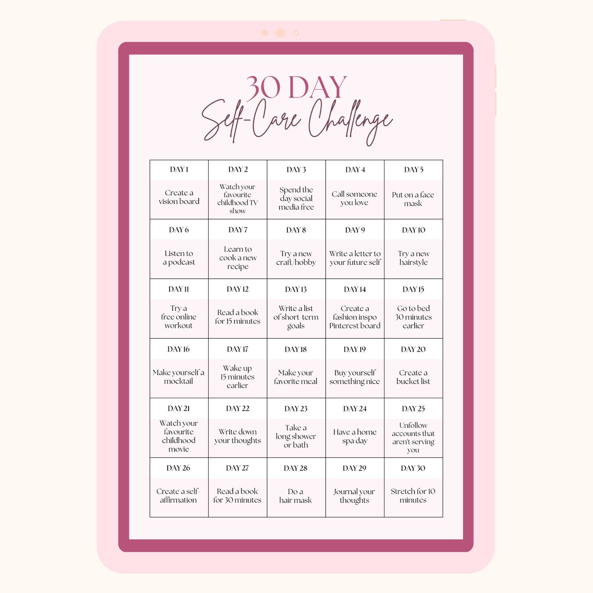 30 Day Self Care Challenge Printable, 2025 Self Care Challenge, Self ...