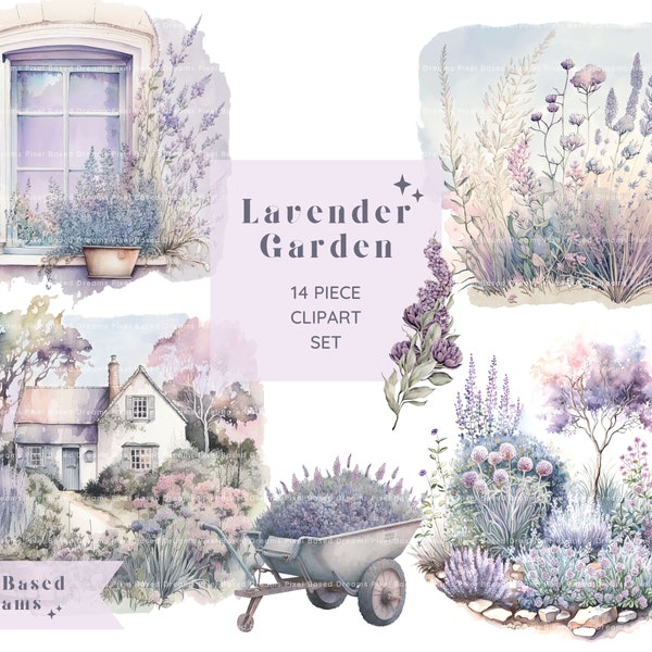 Lavender Garden Clipart Set | Digital Watercolor Clip Art | PNG Graphics Bundle | Commercial Use | Lavender Cottage | Spring Summer Clipart