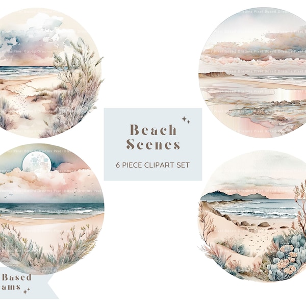 Beach Scenes Clipart Set | Digital Watercolor Clip Art | PNG Graphics | Commercial Use | Watercolor Beach Landscapes | Beach Backgrounds