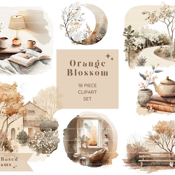 Orange Blossom Clipart Set | Digital Watercolor Clip Art | PNG Graphics Bundle | Commercial Use | Wabi Sabi | Japanese Aesthetic Graphics