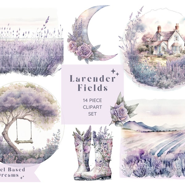 Lavender Fields Clipart Set | Digital Watercolor Clip Art | PNG Graphics Bundle | Commercial Use |  Lavender Farmstead | Lavender Cottage