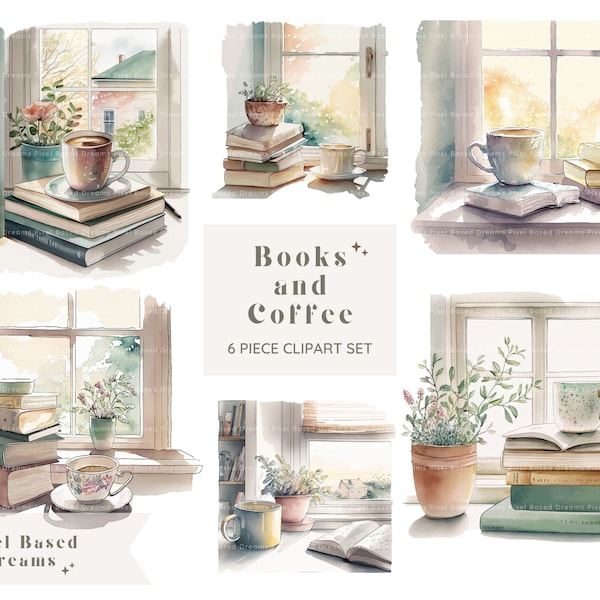 Books and Coffee Clipart Set | Book Digital Watercolor Clip Art | PNG Graphics Bundle | Commercial Use | Coffee Watercolor, Cafe Clipart