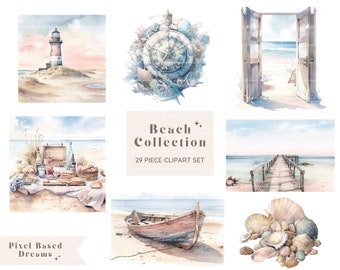 Beach Collection Clipart Set | Summer Digital Watercolor Clip Art | PNG Graphics Bundle | Commercial Use | Summertime Beach Clipart