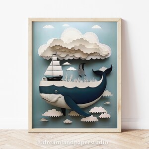 May include: A blue whale with a white belly and a ship sailing on its back, surrounded by white clouds against a light blue sky. The whale and clouds are made of paper and have a 3D effect.