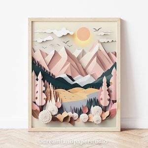 3D rosa Berglandschaft, schöne Winter Kinderzimmer Dekor, leichte Blush Farbe Wandkunst, VISUELLE ENTWICKLUNG, süßes Design, druckbare Wandkunst