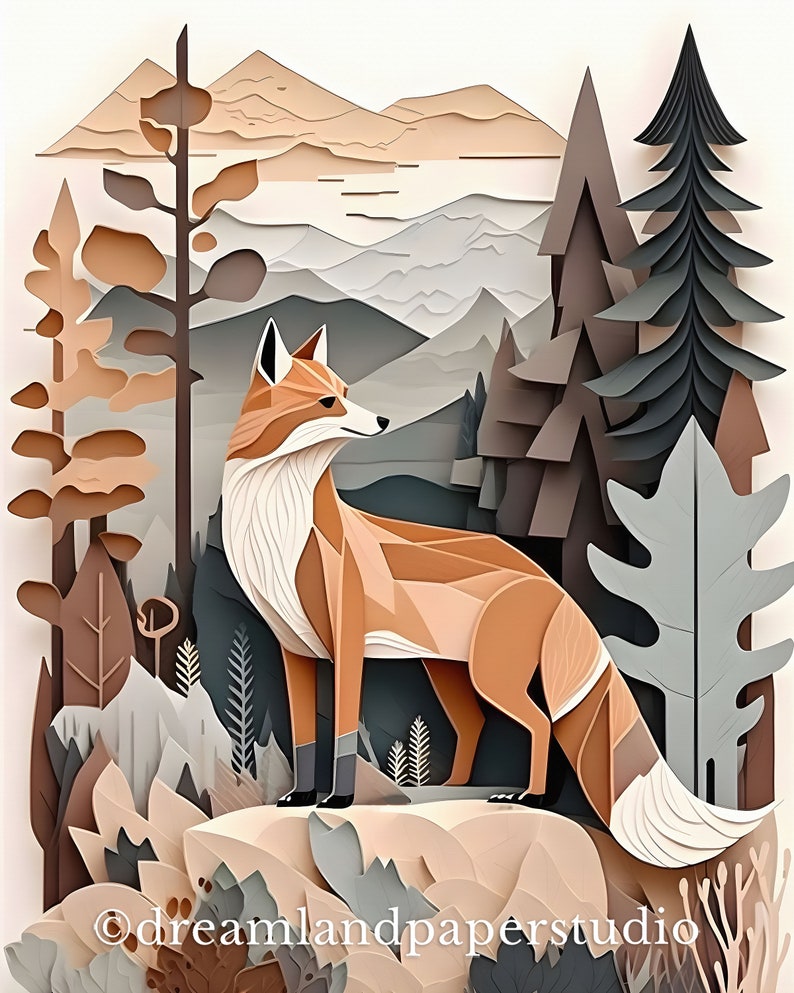 Red Fox Abstract, Mountain Landscape, Woodland Nursery Decor, Neutral ...