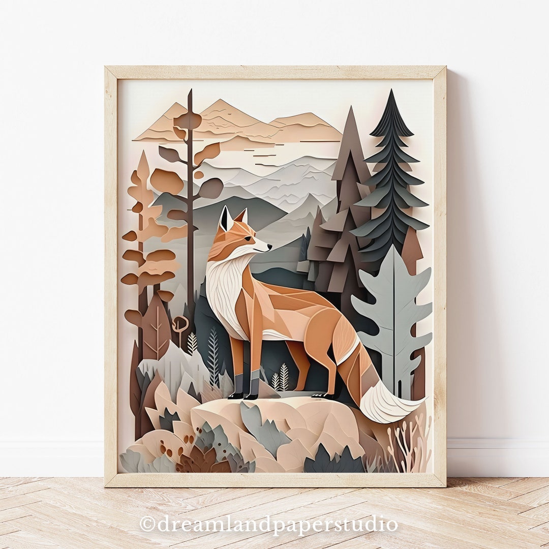 Red Fox Abstract, Mountain Landscape, Woodland Nursery Decor, Neutral ...