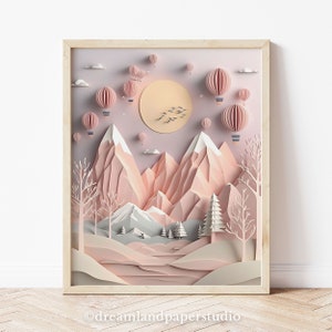 Rosa Berge und Heißluftballons, Winter Kinderzimmer Dekor, Blush Farbe Wandkunst, VISUELLE ENTWICKLUNG, süßes Design, druckbare Wandkunst