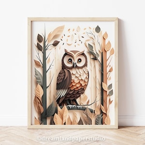 Niedliche Eulen-Kinderzimmer-Dekor, Wald-Berg-Kreatur-Kinderzimmer, neutrale Farbe Wandkunst, VISUELLE ENTWICKLUNG, niedliches Design, druckbare Wandkunst