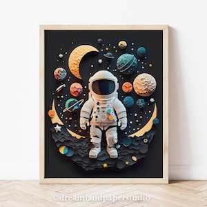 宇宙飛行士アート、男の子の部屋の装飾アイデア、宇宙、惑星、ダークカラーの壁アート、視覚発達、クールなデザイン、印刷可能な壁アート