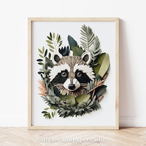 Mapache de vivero de bosque, pequeñas criaturas peludas, decoración de vivero, arte de pared de color neutro, DESARROLLO VISUAL, diseño lindo, arte de pared imprimible