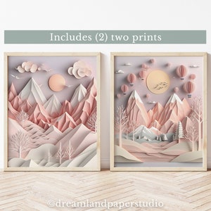 Rosa Berg Kinderzimmer Thema, 2er Set, Natur Kunst, nordisches Design, neutrale Farbkunst, visuelle Entwicklung, süße Designs, druckbare Wandkunst