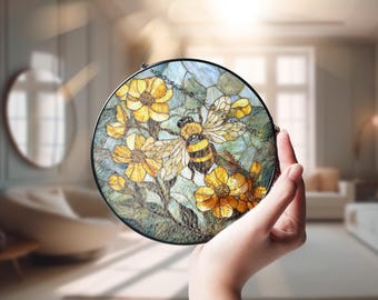 Bee Glass Suncatcher with Flowers - Home Decor Gift