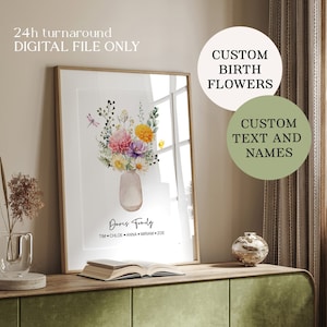 Family birth flower bouquet, Personalized birth month flower digital print, Mom Christmas gifts, Floral family portrait, Printable wall art