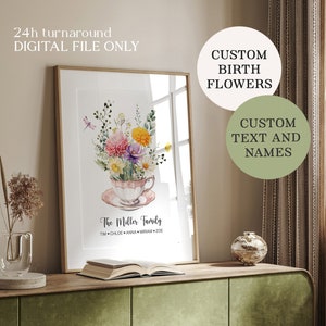 Family birth flower bouquet, Personalized birth month flower digital print, Mom Christmas gifts, Floral family portrait, Printable wall art